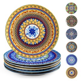 getstar Dinner Plates Set of 6, 10.5 Inch Ceramic Plates, Microwave, Oven and Dishwasher Safe, Colorful Bohemian Style Dishes for Kitchen
