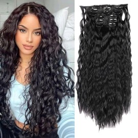 6PCS Clip in Hair Extensions 22" Synthetic Long Curly Wavy Hair Pieces Black Hair Extensions Natural Black Color Thick Deep Wave Hairpieces