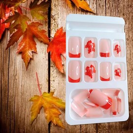 Maple Leaf Press on Nails French Tips Fake Nails, with Fall Thanksgiving Maple Leaves Designs Glossy Full Cover Acrylic False Nails Reusable Glue on Nails Autumn for Women 24PCS