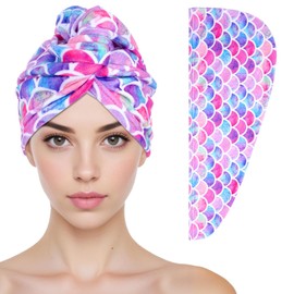 Kifmurase Microfiber Hair Towel Wrap for Kids Gift, Soft Hair Turban Drying Hair Towel Wrap for Little Girls with Botton, Anti-Frizz Quick Dry Twisty Hair Towel for Wet Curly Long THick Hair (Mermaid)