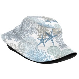 Bucket Hat Packable Breathable Sun Hats for Women Men Teens Unisex Summer Travel Beach Fisherman Cap, Sea Shell Coral Nautical Coastal, One Size