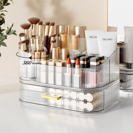 Delamu Makeup Organizer for Vanity with Stackable Drawers, 360 Rotating Makeup Brush Holder Large Cosmetic Display Case for Dresser, Bathroom Countertop Skincare Organizers and Storage, Crystal Clear