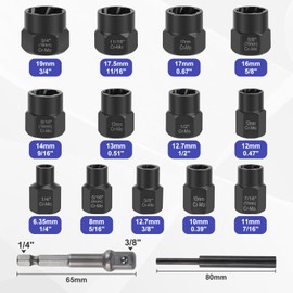 CPROSP 15-Piece Nut Remover, Spiral Profile Socket Set, Screw Extractor Nut 6.35-19 mm, Nut Puller, Turbo Nuts with 1x Socket Adapter 1/4 Inch to 3/8 Inch and 1 x Pin Driver