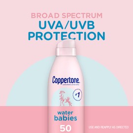 Coppertone WaterBabies Baby Sunscreen Spray SPF 50 (6 Oz) + Pure and Simple Baby Mineral Sunscreen Stick SPF 50 with Zinc Oxide, Tear Free (0.49 Oz) Hypoallergenic and Oxybenzone Free
