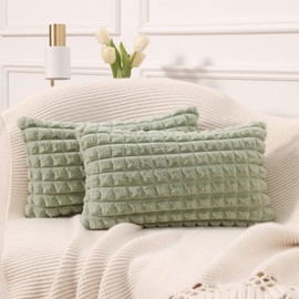 MANDIOO Set of 2 Super Soft Plush Faux Fur Lumbar Throw Pillow Covers 12x20 Inch,Plaid Texture Modern Luxury Decorative Pillow Case Cushion Cover for Sofa Couch Bed Livingroom Farmhouse,Sage Green