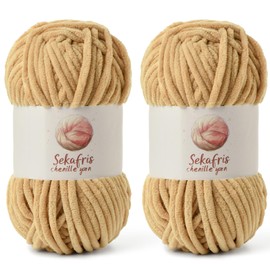2 Pack Chunky Chenille Yarn for Crocheting, Baby Yarn for Crocheting Soft Blanket, 174.9 yds /7 oz Crochet Yarn, Bulky 5 Amigurumi Yarns, Fluffy Velvet Yarns for Knitting Crafts (2 Khaki)