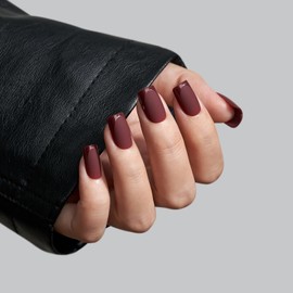 BTArtbox Press on Nails Short Square - Dark Red Nails with Glossy French Tips in a Matte Finish, Soft Gel Fake Nails Glue On Nails in 16 Sizes, Cozy Cocoa
