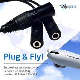 Wirenest GA Twin Plug to Airbus 5 Pin XLR Headset Adapter - Dual General Aviation PJ-055 (.206″) and PJ-068 (.25″) Jacks Connector - Compatible with Most Major Brand Pilot Headsets