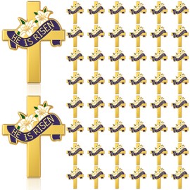 Kigeli 50 Pcs First Communion Religious Christian Cross Brooch Pin Bulk Gold First Communion Lily Cross Enamel Lapel Pin for Chaplain Church Services Catholic Schools Week(He is Risen)