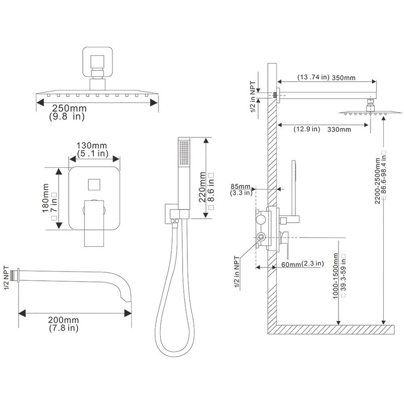 JingGang Chrome Shower System with Tub Spout Wall Mounted Tub