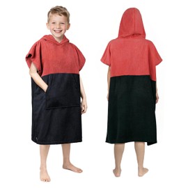 Zingtto Hooded Beach Towels for Kids Surf Poncho Swim Robe for 6-13 Years, Big Kids Hooded Bath Towels Thick Changing Robe Girls Boys, Black Coral Red