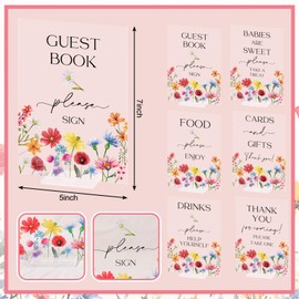 JarThenaAMCS 6Pcs Baby in Bloom Acrylic Baby Shower Sign Wildflower Clear Guest Book Sign with Stand for Birthday Party Table Centerpiece Decoration