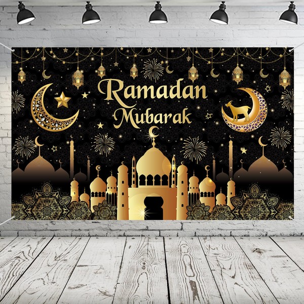 Ramadan Mubarak Banner Decoration, Extra Large Fabric Eid Kareem Backdrop for Decorations, 72 x 44 Inch Black Gold Star Moon Castles Photo Booth Background for Islamic Muslim Al-Fitr Party Accessories