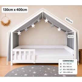 YellowNest House Bed Canopy - 100% Cotton - Bed Canopy House Bed Made of Muslin for Bed 90 x 190 and 140 x 200 cm - with Bunting Children's Room Star (Grey Bunting Star, 130 x 400 cm)