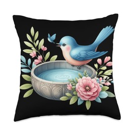 Bird Bath Water Fountain Spring Floral Blue Bird Throw Pillow