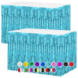 timecity 2 Packs Foil Table Skirts Light Blue Foil Fringe Table Skirt Streamer Metallic Tinsel Curtain Backdrop for Birthday Wedding Baby Shower Bachelorette Party Decorations, 29.5x108 Inch