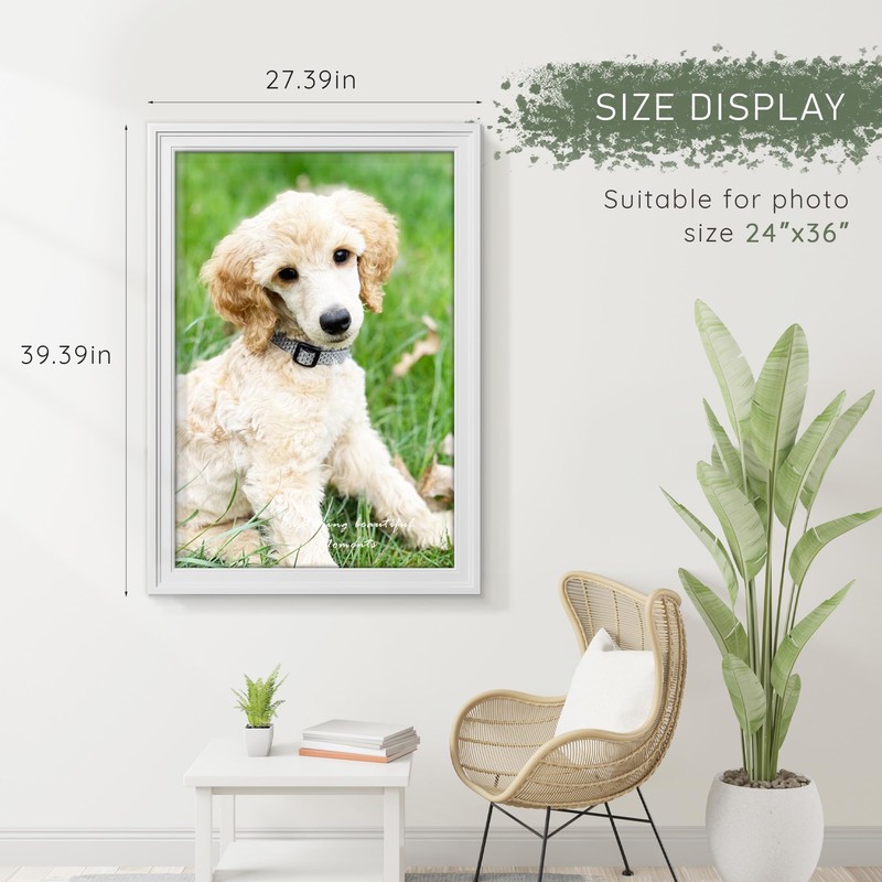 Solid Wood 24x36 Poster Frame, White for Wall Mounting Display.