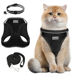 3Pcs Cat Harness and Lead Set, Adjustable Reflective Soft Breathable Mesh Vest, Collar with Bell Escape Proof, Comfortable Lightweight for Small Medium Cats Dogs Pets Walking