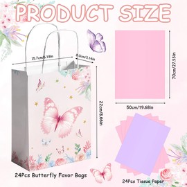 24Pcs Butterfly Party Favor Gift Bags with Tissue Paper Butterfly Goodie Treat Candy Bags Pink and Purple Flowers Paper Bags with Handles for Girl Boy Birthday Baby Shower Decoration Theme Supplies
