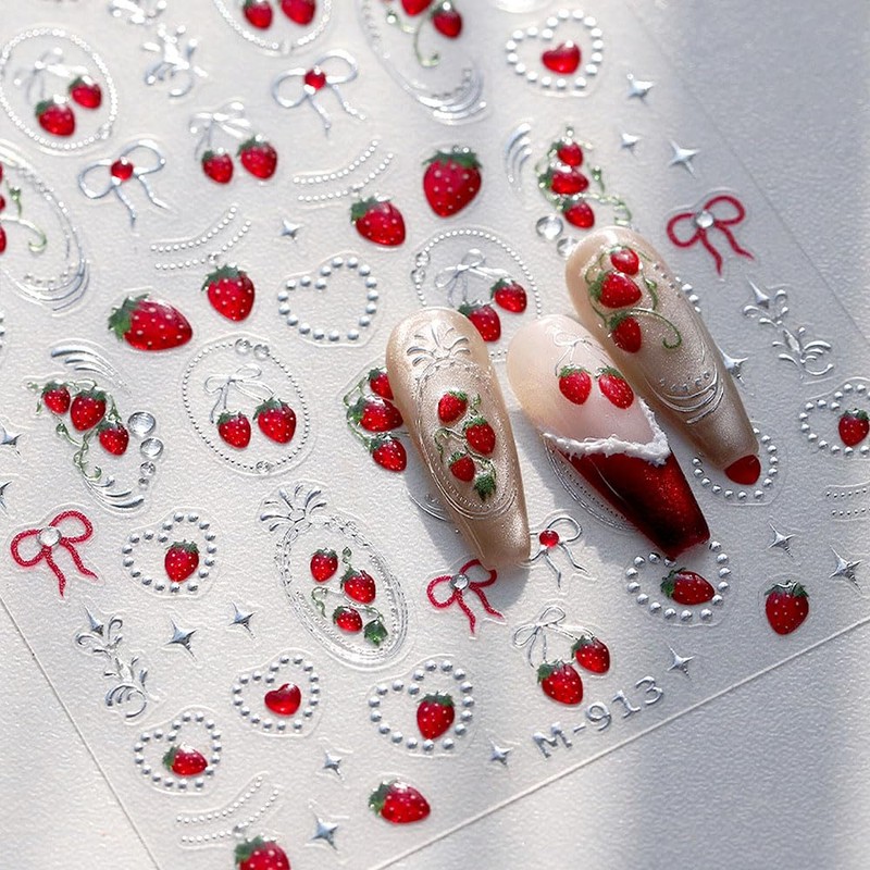 Red Strawberry Cherry Fruit Nail Stickers for Women Silver Sliders