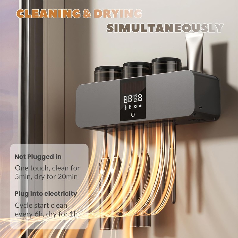 Smart Wall-Mounted Toothbrush Holder with Solar Charging, 6 Brush Slots