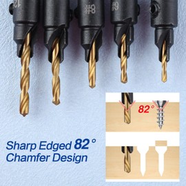 SPEEDWOX 5Pcs Countersink Drill Bit Set for Wood Drill Bits for Holes with Replacement Tapered Drill Bits Allen Wrench Titanium Plating Pilot Screw Hole Set #5#6#8#10#12 Screws 82-Degree Chamfer