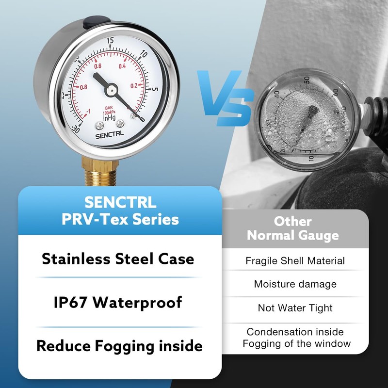 SENCTRL 30inHg Vacuum Pressure Gauge, 2" Dial, 1/4 NPT Lower