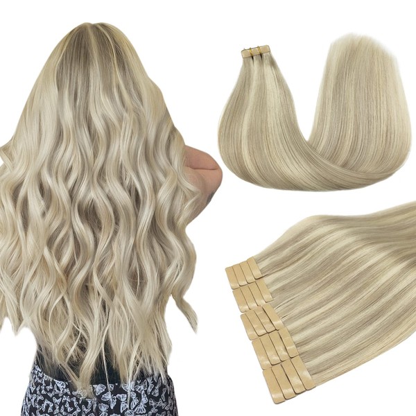 DOORES Tape-In Real Hair, Ash Blonde Highlights Platinum Blonde 50 cm (20 Inches) 50 g 20 Pieces, Remy Tape Hair Extensions Real Hair Remy Human Hair Straight Hair