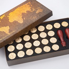 JasCherry Wax Seal Stamp Set, Alphabet Initials Seal Stamp Head Copper with 2 Wooden Handles, Classic Vintage 26 Letters AZ Gift Box for Antique Manuscript, Greeting Cards, Wedding Invitation