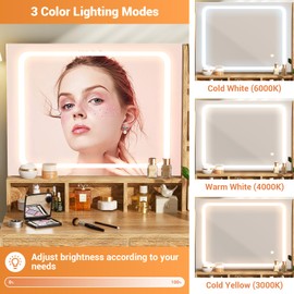 Small Vanity Desk, Vanity Desks with Mirror and Lights, Makeup Desk with Power Strip, Makeup Vanities with Drawers and Shelves, Adjustable Lighting, Dressing Table for Bedroom Dressing Room, Nature