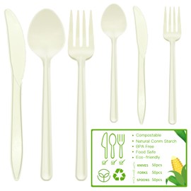 Compostable No Plastic Knives Plastic Forks Plastic Spoons Plastic Utensils, Compostable Cutlery Set is Eco Friendly Products for Lounge Party Wedding BBQ Picnic Camping