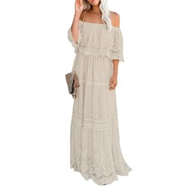 Women's Off The Shoulder Embroidered Lace Maxi Wedding Dress Boho Brides Bridesmaid Wedding Guest Party Maternity Photoshoot Dresses Apricot