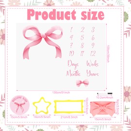 Preboun Baby Monthly Milestone Blankets for Baby Girls Newborn Baby Blankets Pink Coquette Bow Photography Background Fleece Growth Chart Blankets with Wooden Signs, Frames, Bow Headband 51x39 Inch
