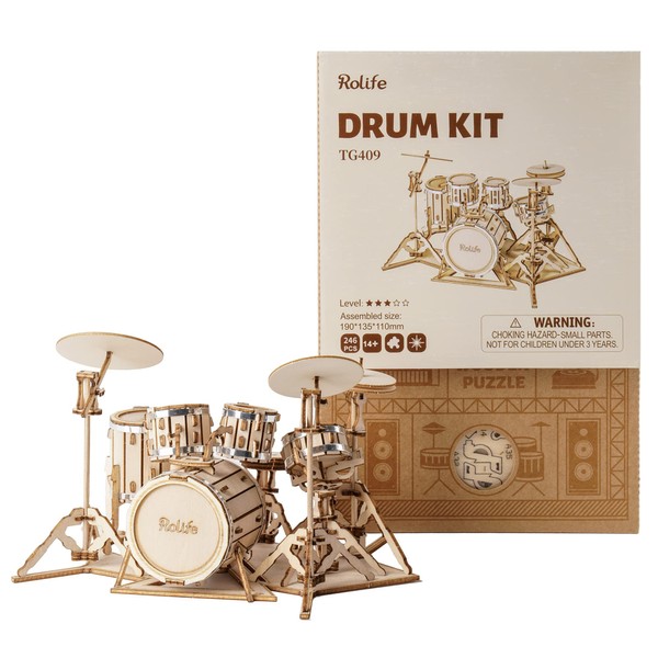 Rolife 3D Wooden Puzzles Model Kit for Adults and Teens to Build Musical Instrument Series (Drum kit)
