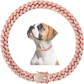 Rose Gold Chain Dog Collar,Dog Cuban Link Collar, Bling Dog Necklace Metal Rhinestone Diamond Glitter Sparkly Cute Jewelry for Small Medium Large Female Girl Pets 20 Inch