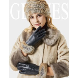 OCXMME Super Warm Womens Rabbit Fur Lined and Cuff Leather Gloves for Women Touchscreen Texting Driving Gloves Black Small