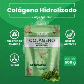 Colágeno Hidrolizado con Espirulina - 500g en Polvo - Colágeno con Magnesio, Vitamina C y Biotina - Suplemento Alimenticio Sin Azúcar ni Aditivos - Flow Supplements