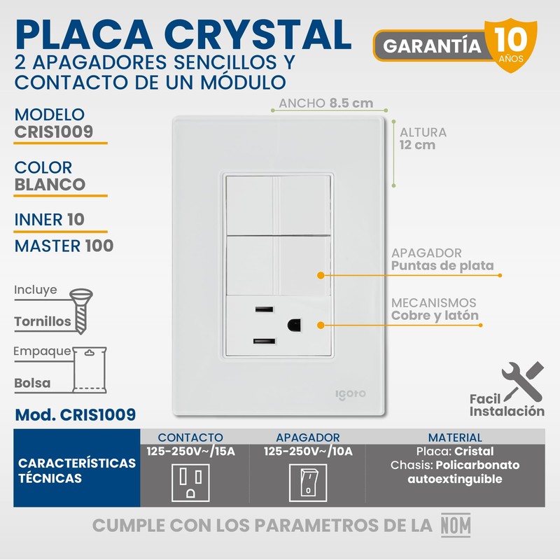 Placa Armada Cristal con 2 Apagadores Sencillos Y 1 contacto