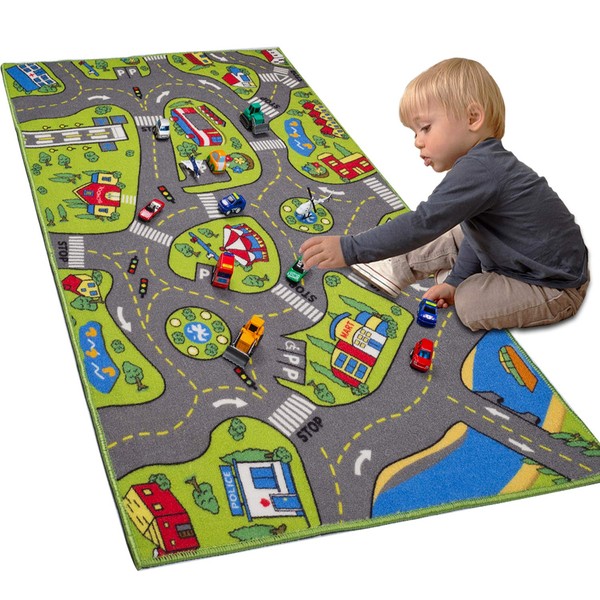 Large Kids Carpet Playmat Rug 32" x 52" with Non-Slip Backing, City Life Play Mat for Playing with Car Toy, Game Area for Baby Toddler Kid Child Educational Learn Road Traffic in Bedroom, Classroom