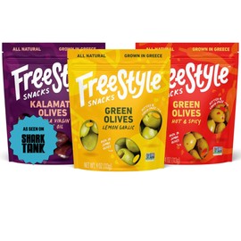 Freestyle Snacks Olive Snack Packs - As Seen on Shark Tank - Fresh Pitted Kalamata & Green Olives, Grown in Greece, Salty Snack, All Natural, Non-GMO, Sugar-Free - Variety Pack, 4oz (3 Pack)
