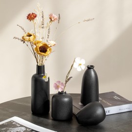 Small Ceramic Vases Set of 4 for Flowers, Matt Black Mini Bud Vases for Modern Home Decor, Small Decorative Vases for Shelf, Table & Entryway Decor