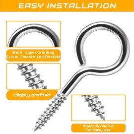 18 Pack 2.5 Inch Vine Eye Bolts Eye Screws, Heavy Duty Stainless Steel Screw-In Hooks, Rust Resistant Eye Hooks, Self Tapping Eyelet Screw Eyelet Bolts for Securing Cables, Hanging Lights (Silver)