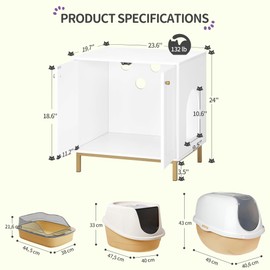 Hzuaneri Cat Litter Box Enclosure, Hidden Litter Box Furniture Cabinet, Wooden Indoor Cat House, Side End Table, Living Room, Bedroom, White and Gold CB81203G