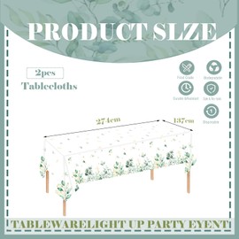 2Pcs Sage Green Party Tablecloth,137*274 Sage Green Party Decorations Eucalyptus Leaf Table Cloth Plastic Table Cover for Birthday Baby Shower Bridal Shower Wedding Engagement Baptism Party Supplies
