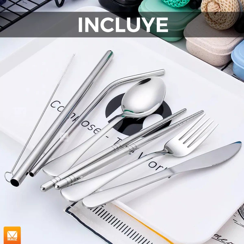 Maíz Kit Cubiertos Palillos Popotes Cepillo Acero Inox Portatil