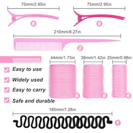 KEYIDO 33Pcs Velcro Hair Rollers with Clips Set Curlers Roller for Hair Volume 18 Hair Rollers (44 mm 36 mm 25 mm) 12 Duckbill Clips 2 Combs and Hair Plaiting Tool for Long Thick Hair, PINK