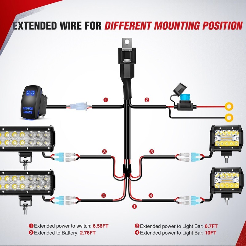 Nilight 16AWG LED POD Lights Wiring Harness Kit 12V On
