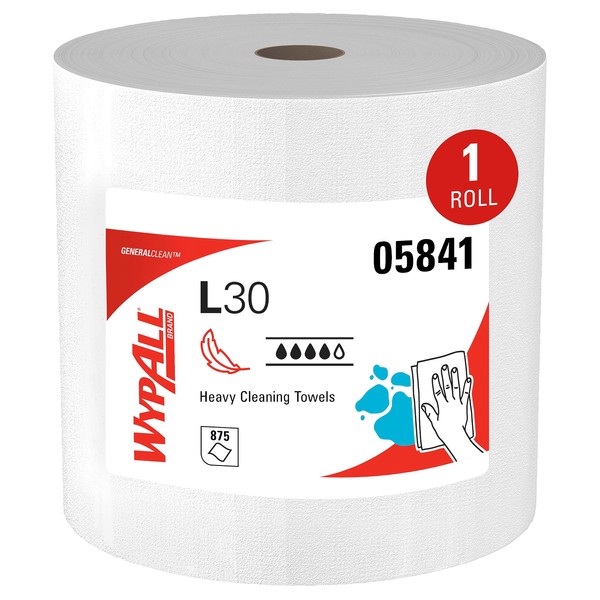 WypAll General Clean L30 Heavy Cleaning Towels (05841), Strong and Soft Wipes, White, 875 Towel Sheets Per Jumbo Roll, 1 Roll Per Case