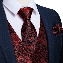 DiBanGu Mens Paisley Suit Vest Black Red Vest with Necktie Pocket Square Cufflinks Dress Waistcoat Silk for Bussiness Party
