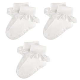 MKYSZLT Toddler Gilrs Ruffle Socks Turn Cuff Frilly Dress Socks with Ruffles Non Slip Grip Cotton Crew School Uniform Sock Church Sock for Little Girl Kids Baby (1-2t, white - 3 pairs)